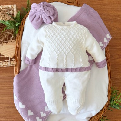 Saída de Maternidade Luiza - Off  White e Lilás